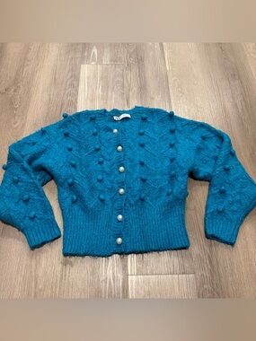 Zara Teal Pom-Pom Buttoned Knit Cardigan